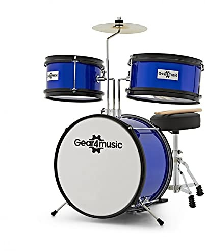 Batterie Junior Enfants 3-6 Ans avec Accessoires, Gear4music, Bleue | Kit Réduit avec Grosse Caisse, Caisse Claire, Tom et Cymbale, Tabouret Réglable, Pédale et Baguettes, 3-6 Ans