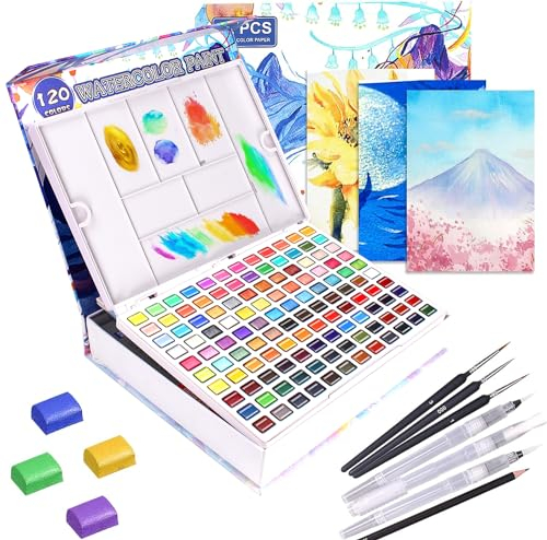 Gunsamg 120 Professionelles Aquarellfarben Set,Einschließlich 12 Fluoreszierende Farben,6 Macron-Farben und 36 Metallic Aquarellfarben,Perfekte Aquarell-Sets für Künstler und Erwachsene