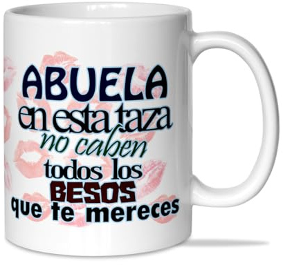 LINFORMAL | Taza Regalo para Madre o Abuela | Regalos Originales para Mujer, Cumpleaños o Día de la Madre | Tazas Desayunos Bonitas con Mensaje Divertido | Abuela besos | 350 ml