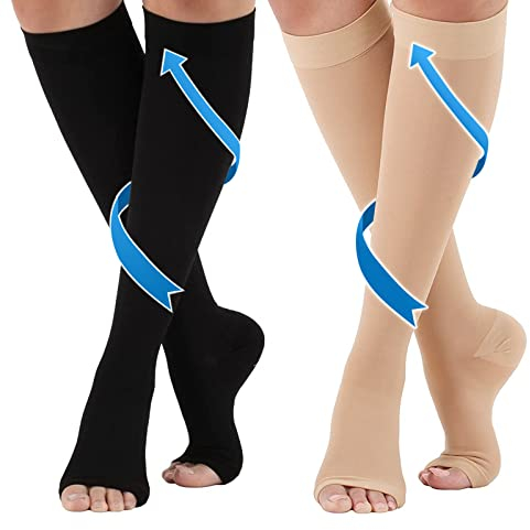 2 Paar Medizinische Kompressionsstrümpfe Damen & Herren 20-30 mmHg Pflege für Knöchel Stützstrümpfe mit Gradientenkompression für Krampfader Durchblutungsförderung -Beige + Schwarz (L)