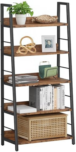 IRONCK Bücherregal, Standregal 5 Ebenen, Leiterregal Industriestil, 35x70x150cm Regal mit Stahlrahmen für Büro, Wohnzimmer, Schlafzimmer, Arbeitszimmer, Küche, vintagebraun-schwarz