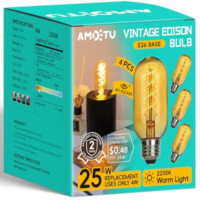 AMDTU LED Edison Vintage Light Bulbs 25 Watt Equivalent 4W E26 Base Amber Warm Yellow Filament Non Dimmable T45 Tubular Bulb Soft Warm 2200K 4 Pack 200 Lumens Ideal for Lamps,Pendants,Wall Sconces