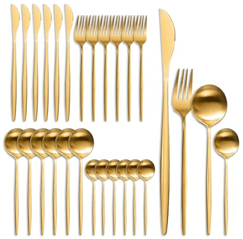 24-Piece Premium Cutlery Set for 6 – Stainless Steel Flatware Service – Luxury Mirror Polished Finish – Includes Knives, Forks, Spoons & Teaspoons – Dishwasher Safe – Ideal Housewarming Gift (Gold)