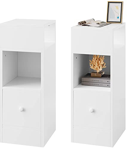 EUGAD Nachttische 2er Set, schmal, Weiß, Beistelltisch mit 2 offenen Ablagen und 1 Schublade, 25x66x30 cm, Nachtschrank im Schlafzimmer, Nachtkästchen aus Holzwerkstoff, 0179ZZ-2