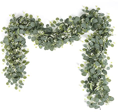SOMYTING 2 Stück Künstliche Girlanden Eukalyptus mit Weidenblättern Grüne Blätter Weiße Blume Girlande Künstliche Pflanze Hängepflanze für Hintergrund Hochzeit Dekoration Tischläufer Mittelstück