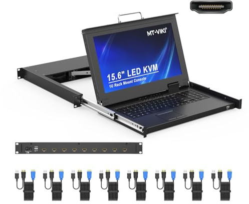 MT-VIKI 8 Port HDMI KVM Konsole 1U Rackmount mit 15.6'' LCD Monitor, 1080P All-in-One LCD KVM Integriertes Touchpad+Tastatur+Schublade