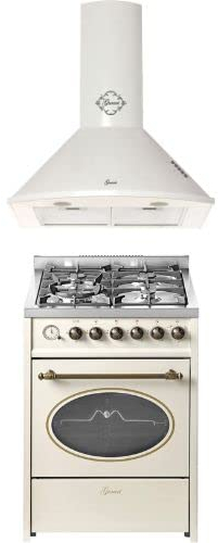 GURARI Gas-Standherd GCH G 614 CR +GCH C 046 WH 6 inkl. Kohlefilter, Dunstabzugshaube 60 cm, Standherd 60 cm Erdgas Fl.Gas 4 Kw WOK