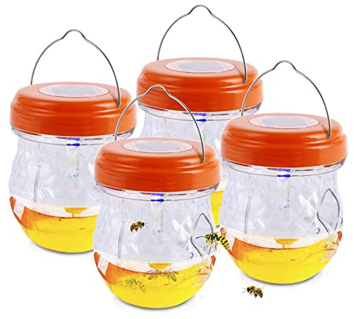 Wespenfalle Mit Solar UV Licht Für Draussen, Wespenfallen Zum Aufhängen Für Draußen, Wespenfalle Flasche Lebend, Insektenfalle Bienenfalle Außen, Für Füllung Wespen Abwehr Lockstoff Flüssig (4* Rot)
