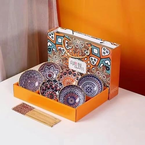 electromax Lot de 6 bols de service en céramique, bol à riz chinois avec coffret cadeau, bols de service en porcelaine pour riz, soupe, dessert, collation, 300 ml, (poterie bleu/orange)