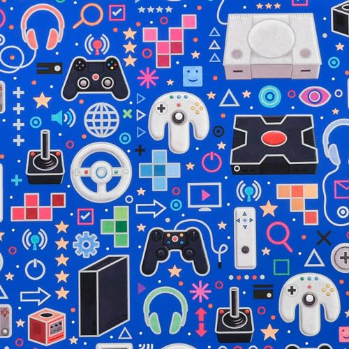 Geschenkpapier Geburstag Erwachsene 70cm x 2m Rolle (Dunkelblau mit Gaming Motiv)