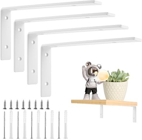 Oungy 4 supporti per scaffali, colore bianco, 25 x 12 cm, angolo di 90 gradi, in metallo, per mensole angolari, con viti, angolo di scaffale, bianco, 25 cm