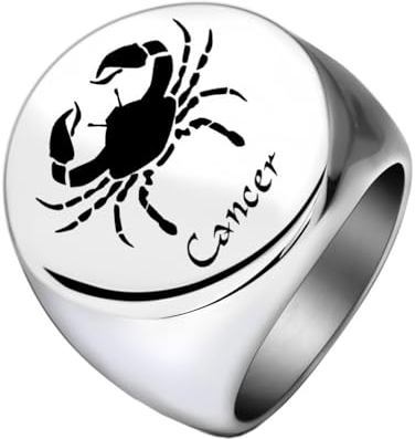 PAURO Herren Edelstahl Einfacher Hochglanzpolierter Runder Horoskop Krebs Ring mit Gravur Punk Stil Silber Größe 70 (22.3)