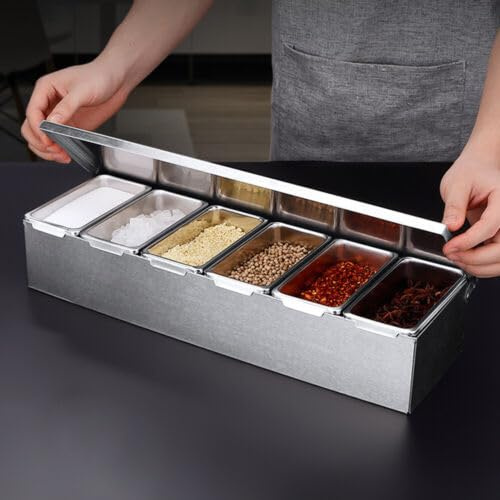 SAUADY Zutatenbehälter Edelstahl 6 Einsätze Beilagenbehälter Edelstahl Behälter Fassungsvermögen mit Abdeckungen Gewürzbehälter Küchenutensilien 45,5 * 15 * 9 cm
