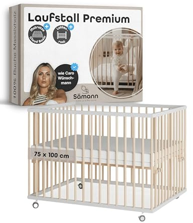 Sämann Laufstall Baby mit Lattenrost und Matratze | stufenlos höhenverstellbar | Laufgitter Premium | Babybett aus Holz | Krabbelgitter (weiß/natur, 75x100 cm)