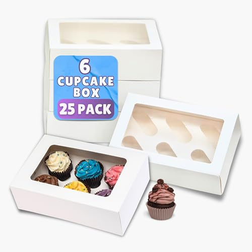 PACK N TRADE 25 Pcs cupcake boxes 6 hole - Multifunction Inserts Deep cake boxes for cupcakes – White cup cake boxes (24 x 16 x 7.5 cm) with Clear Window - Ideal for Muffins, Cupcakes & Pastries
