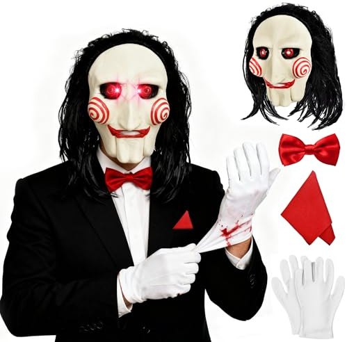 IEEILULU Saw Maske, Jigsaw Maske Halloween Horrormaske mit Leuchtenden Augen, Perfekt für Halloween Horror-Events und Kostümpartys