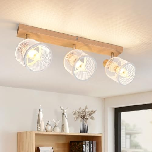 Deboola Deckenstrahler 3 Flammig Deckenleuchte Holz - Deckenlampe Vintage | Deckenspot LED Strahler Schwenkbar E14 Treppenhauslampe Spots Flur Wohnzimmer Schlafzimmer Küche Esszimmer Ohne Leuchtmittel