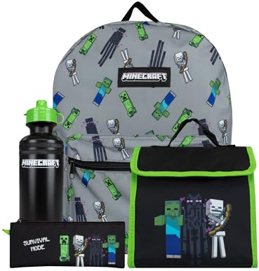 Minecraft Mochila Escolar Niño | Mochila Escolar E Bolsa De Almuerzo | Set Fiambrera Y Botella Infantil One Size Negro
