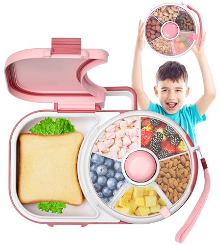 Snackbox für Kinder mit 5 Fächern, drehbar, mit Deckel und Tragegriff | 2-in-1 für unterwegs: drehbare Snackbox mit 5 Fächern und zusätzlichem Essbereich für Schule, Ausflüge und Pausen