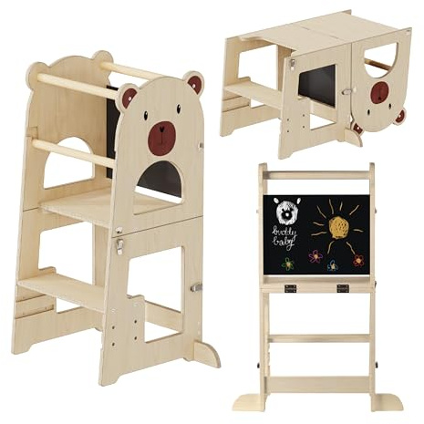Buddy Baby Xperimenta - Torre di apprendimento Montessoriana in legno per bambini - Trasformabile in scrivania e sgabello per bambini - Torre pieghevole per la cucina con barra di sicurezza (Bianco)