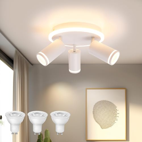 URing Deckenstrahler LED Weiß Deckenstrahler 3 Flammig Schwenkbar, Rund | Deckenlampe mit unteres Glühen 8W+ 3x5W GU10 LED, Spots Deckenleuchte Deckenspot Lampe für Küche, Wohnzimmer, Flur
