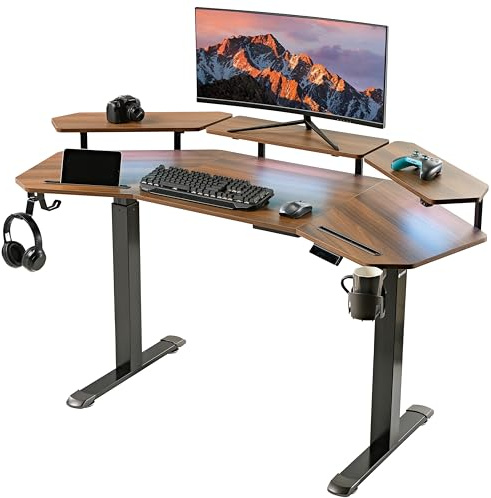 EUREKA ERGONOMIC Standing Gaming Desk with Dual Motor,63 Wing Shaped Computer Desk w Mouse Pad, Electric Adjustable Height Table w LED Monitor Stands,Slot Design,Walnut