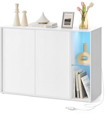 SONGMICS HOME Sideboard, Toolless-Technologie, superschnelle werkzeuglose Montage, Aufbewahrungsschrank mit Beleuchtung, TV-Schrank, Glasablage, schneeweiß BBK372W01