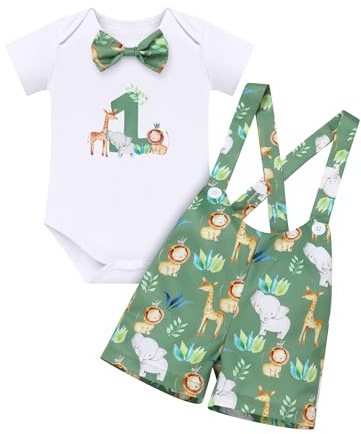 IDOPIP Bébé Garçon 1er Anniversaire Costume Dété à Manches Courtes Combinaison Sling Pantalons Animaux Jungle Body Set De Deux Pièces Vert 12-18M