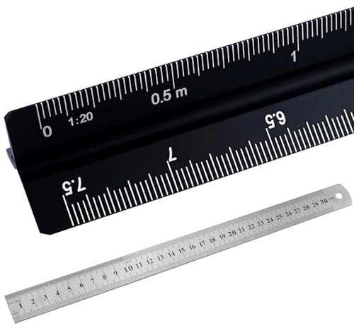 30 cm Righello Triangolare in Alluminio con Righello in Acciaio Inox, Scala Metrica 1:20, 1:25, 1:50, 1:75, 1:100, 1:125, Scala Architettonica per Architetti, Studenti, Disegnatori e Ingegneri