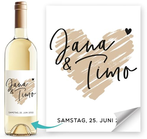 Weinetiketten personalisiert Hochzeit Herzmotiv mit Namen und Datum Weinflaschenetiketten selbstklebend SpecialMe® Weiss unisize