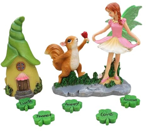 our fave Statua di scoiattoli per decorazione da giardino con trifogli, ragazza e prati, ornamento per prati, scoiattoli e ragazza