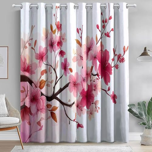 TendeFiori di ciliegio in stile giapponese romanticoCon Occhielli Per Tenda Finestra Balcone Casa140L x 260A cm (2 Pannelli) Soggiorno per Salotto Interni Moderna Cucina Cameretta BimboRosa Bianco