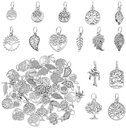 AHANDMAKER 60 pezzi, 15 stili, ciondolo a forma di cuore con albero della vita, in lega tibetana, foglie di ramo, perline cave, in metallo, per la creazione di gioielli fai da te, colore argento