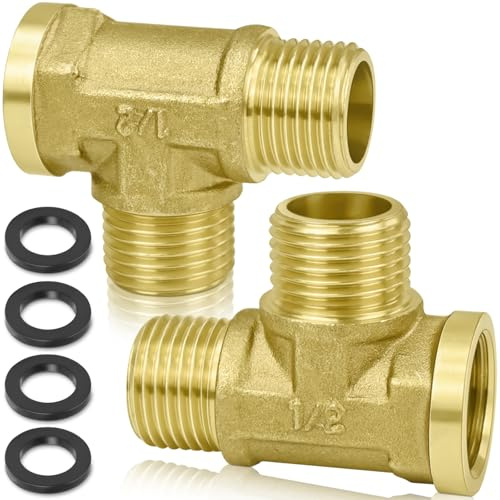 FLEXNOVA 2 Stück T Stück 1/2 Zoll, Messing T-stück 1/2 Zoll T Stück Adapter Rohr Wasseranschluss mit 4 Dichtungen G1/2(Ø20mm) Duschschlauch Adapter für Trinkwasser Wasserhahn AGxAGxIG