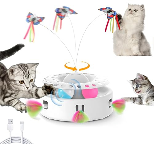 Soarer Giocattoli per gatti 3 in 1 giocattolo interattivo automatico per gattini, dotato di 4 accessori sostituibili, sfera tattile, modalità doppia alimentazione, adatto per gatti da interno e gatti