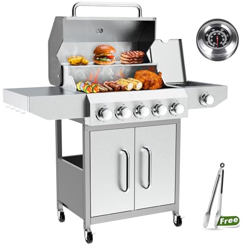 BESTFIRE 68,000 BTU 5+1 Burner Propane Grill - Stainless Steel BBQ with 647 sq in UPGRADED OIL-DRAIN Plates, Cast Iron Grates, Side Burner + FREE Food Clip for Outdoor Cooking