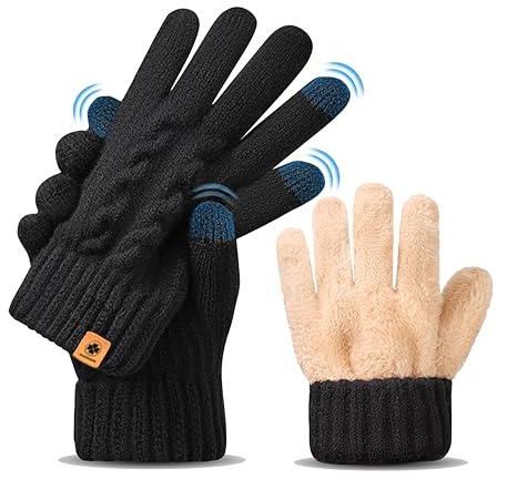 Onetraum Unisex Touchscreen Handschuhe Winter, Warme Strickhandschuhe mit Fleecefutter, Stretchable für Damen und Herren, Schwarze Handschuhe Ideal für Smartphone (Schwarz)