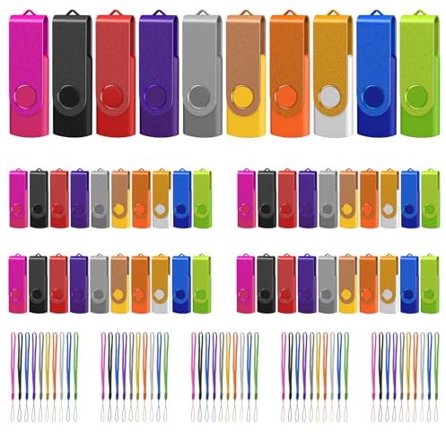 DAUZZOX Lot de 50 Clés USB 2Go 2.0 Pivotantes avec 50 Cordons (Multicolore) | Design rotatif 360°, Plug and Play, avec Lumière LED, Vitesse lecture 17-21 Mo/s et écriture 6-8 Mo/s