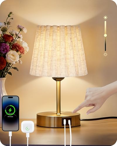 GOEBLESON Lampe de Chevet Tactile Dimmable, avec USB et Ampoule LED à Intensité VariableAbat-Jour Ondulé, Corps Cuivre Vieilli, Culot E27, pour Table de Chevet, Bureau, Chambre, Doré et Beige