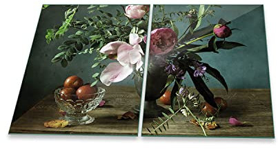 decorwelt | Herdabdeckplatten 2x40x52 cm 2-Teilig Blumen Beige Ceranfeldabdeckung Universal Spritzschutz Glas Deko Elektroherd Induktion für Kochplatten Herdschutz Schneidebrett Sicherheitsglas