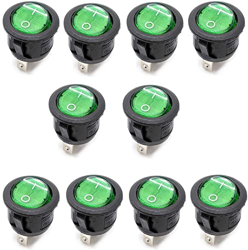 Oiyagai 10 Stück KCD1-105, grüne Lampe, beleuchtet, 3 Anschlüsse, SPST, 2 Positionen, I/O, Ein/Aus, runder Knopf, Wippschalter, AC 250 V/10 A, 125 V/12 A