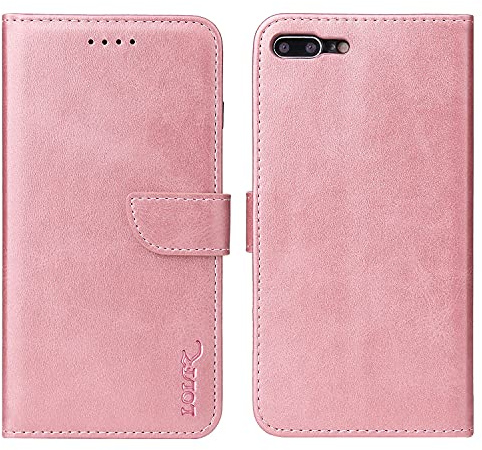 LOLFZ Wallet Case for iPhone 7 Plus 8 Plus, Vintage Leather Book Case with Card Holder Kickstand Magnetic Closure Flip Case Cover - Rose Gold