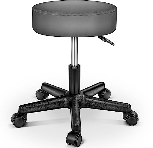 TRESKO Rollhocker höhenverstellbar Grau bis 150 kg | Hocker Drehhocker 10 cm Dicke Polsterung 47-60 cm Sitzhöhe | Arbeitshocker Bürohocker 360° drehbar mit Rollen