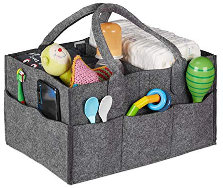 Relaxdays Baby Blöja Caddy, 11 fack, avtagbar avskiljare, bärbar, filtväska bil, skötbord arrangör, mörkgrå