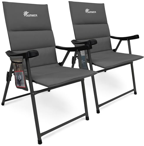 SUNMER Padded Garden Camping Chairs Foldable with Side Pocket, Holds up to 120kg, Lightweight 4kg per Chair, Outdoor Seat for Camping, Fishing, Relaxing - Grey