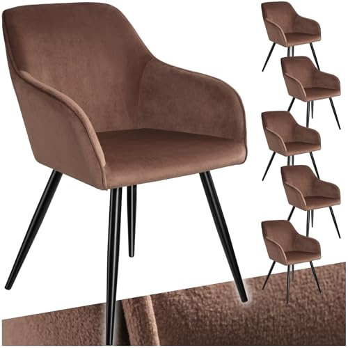 tectake 6er Set moderner Esszimmer Stuhl, Sitzfläche aus Samt, Armlehnstuhl, Sessel Wohnzimmer, gepolsterter Bürostuhl mit schwarzen Metallbeinen, Schminktisch Stuhl - braun/schwarz