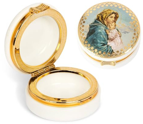 NKlaus Rosenkranz Etui Madonna mit Kind Kunststoff Weiß 5x2,4cm, 1 Stück | Runde Dose und Schatulle