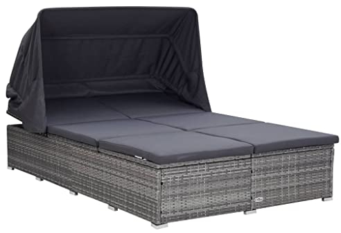 Hommdiy Sonnenliege mit Auflage Klappdach Gartenliege Doppelliege Relaxliege Liege Strandliege Poly Rattan Grau