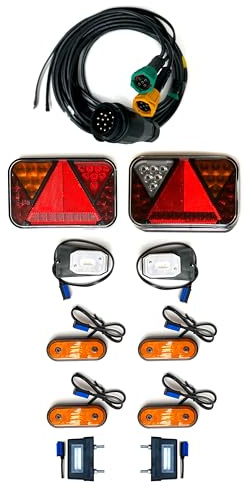 MelTruck Anhängerbeleuchtung Set 2x LED Rückleuchte 5 Funktionen + 2x weiße + 4x gelbe LED Umrissleuchte + 2x Kennzeichenbeleuchtung + Kabel 13 polig 7,7m 12V Trailer Wohnwagen LKW CANBUS E9