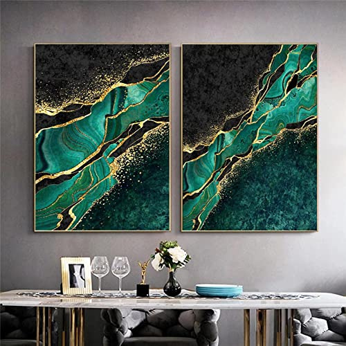 Abstrakte nordische Kunst Goldgrün Malerei auf Leinwand, Wandkunst, Poster, Wandbild für Wohnzimmer, Heimdekoration, 50 x 70 cm x 2, rahmenlos